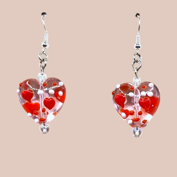 Handmade Glass Heart-Shaped Red and Silver Earrings - Picture 2 of 2